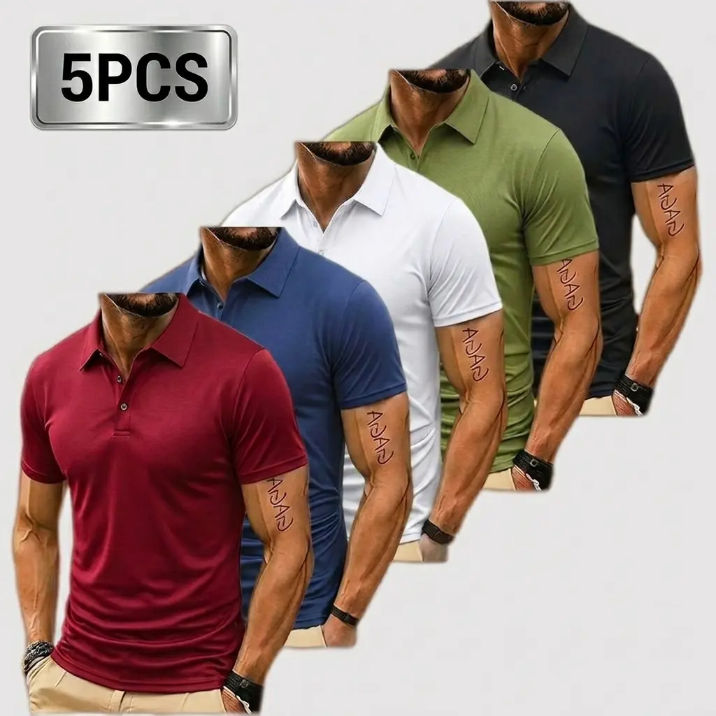 2026 new summer short sleeve men’s quick dry 5 piece set golf/tennis polo shirts, Father’s Day gift. Color options include Chinese element prints. Breathable, quick drying, comfortable riding apparel with contrast collar and cuffs. Medium size. Spring Sta