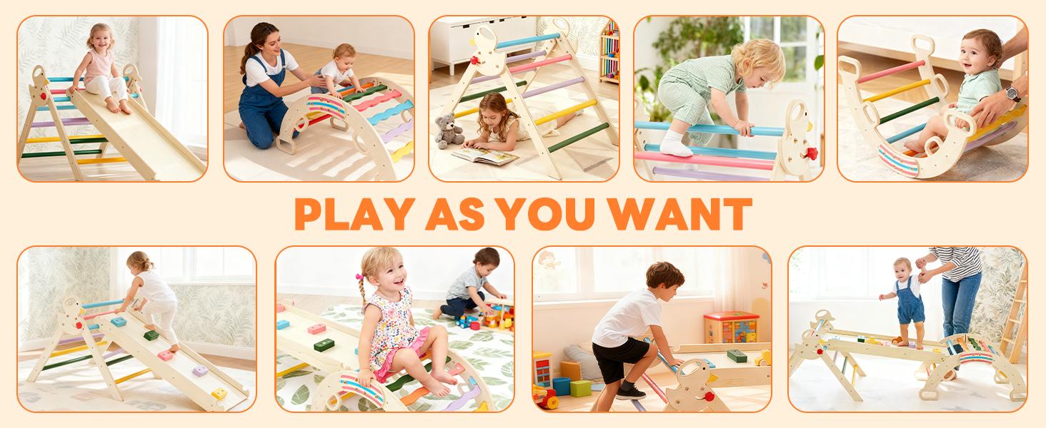 7 In 1 Pikler Triangle Climber With Arch And Slide, Foldable Space Saving Design For Home,  Foldable Design Saves Space,Solid Wood Supports 160 LBS, Includes Blackboard For Creative Play