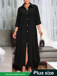 【Plus Size】Solid Color Basic Shirt Collar Long Sleeve Dress, Casual Button Decor Long Dress for Daily Wear, Women's Plus Clothing for All Seasons, Spring Dresses