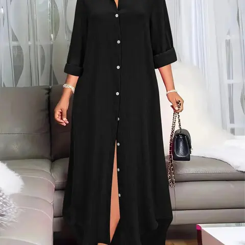 [Plus Size]Solid Color Basic Shirt Collar Long Sleeve Dress, Casual Button Decor Long Dress for Daily Wear, Women's Plus Clothing for All Seasons, Spring Dresses, Casual Fashionable Dress, Womenswear