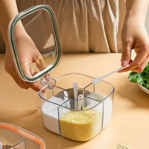 Seasoning Container Set with Lid and 4 Spoons, Four-Compartment Design for Salt Pepper Sugar Herbs, Sealed Box for Kitchen Storage
