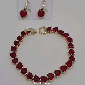 HEART'S RED color set beautiful style perfect gift for all occasions GOLD-PLATED bracelet 7"inches with earrings