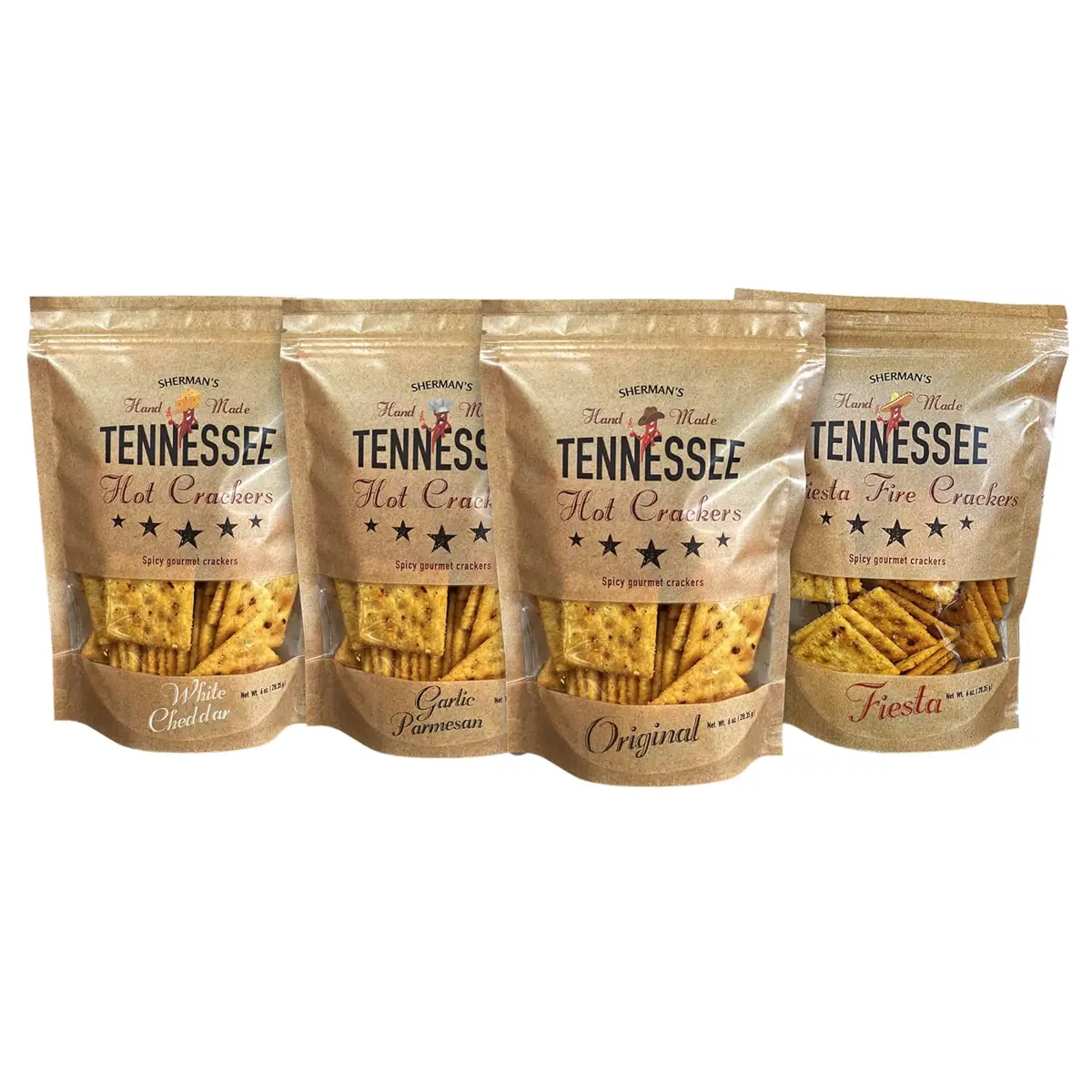 Sherman Tennessee Hot Cracker Variety Pack - 4 Pack of Crispy Snack Crackers with Original, Fiesta, Garlic Parmesan, and White Cheddar Flavors