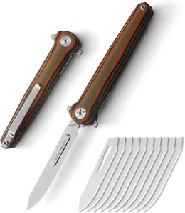 Mini Slim Folding Scalpel，Scalpel Pocket Knife with 10pcs #60 Replaceable Razor Blades,G10 Handle EDC Utility Knife with Liner Lock,Pocket Clip，Surgical Knives for Outdoor Skinning