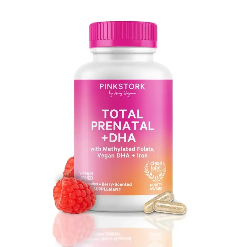 Pink Stork Prenatal Vitamins | Clean Label Award | DHA, Iron, Methylated Folate, B6, B12, Choline, Vitamin D | Pregnancy Support Essentials | Berry or Mint Scented  | Vegan, Gluten-Free