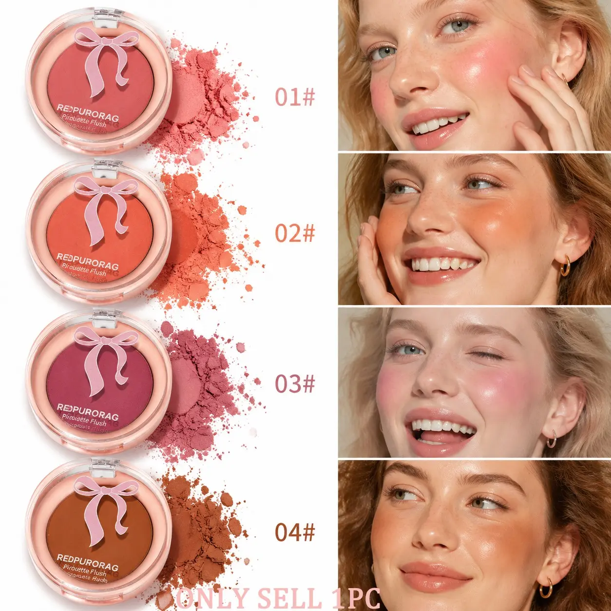 This single‑color blush features soft creamy mashed‑potato texture. Silky, blendable and non‑fallout. Long‑lasting, smudge‑proof. Multiple shades for daily, date and party makeup, beginner‑friendly, everyday versatile makeup, Topical Cosmetic.