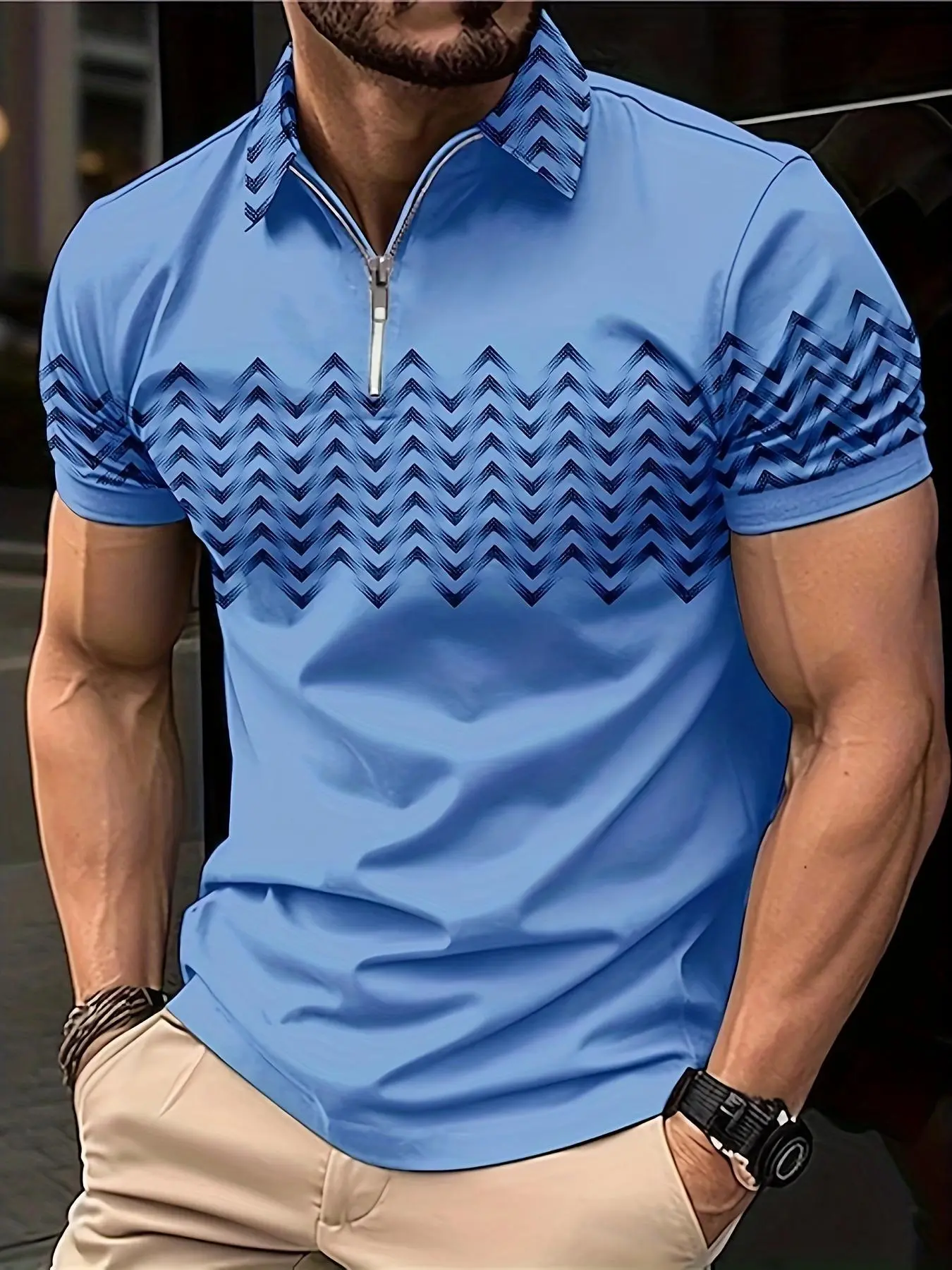 Men's Regular Fit Chevron Print Polo Shirt, Casual Short Sleeve Half Zip Up Collar Top for Summer, Fashion Men's Clothes for Daily Wear, Gamis