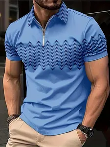 Men's Regular Fit Chevron Print Polo Shirt, Casual Short Sleeve Half Zip Up Collar Top for Summer, Fashion Men's Clothes for Daily Wear, Gamis