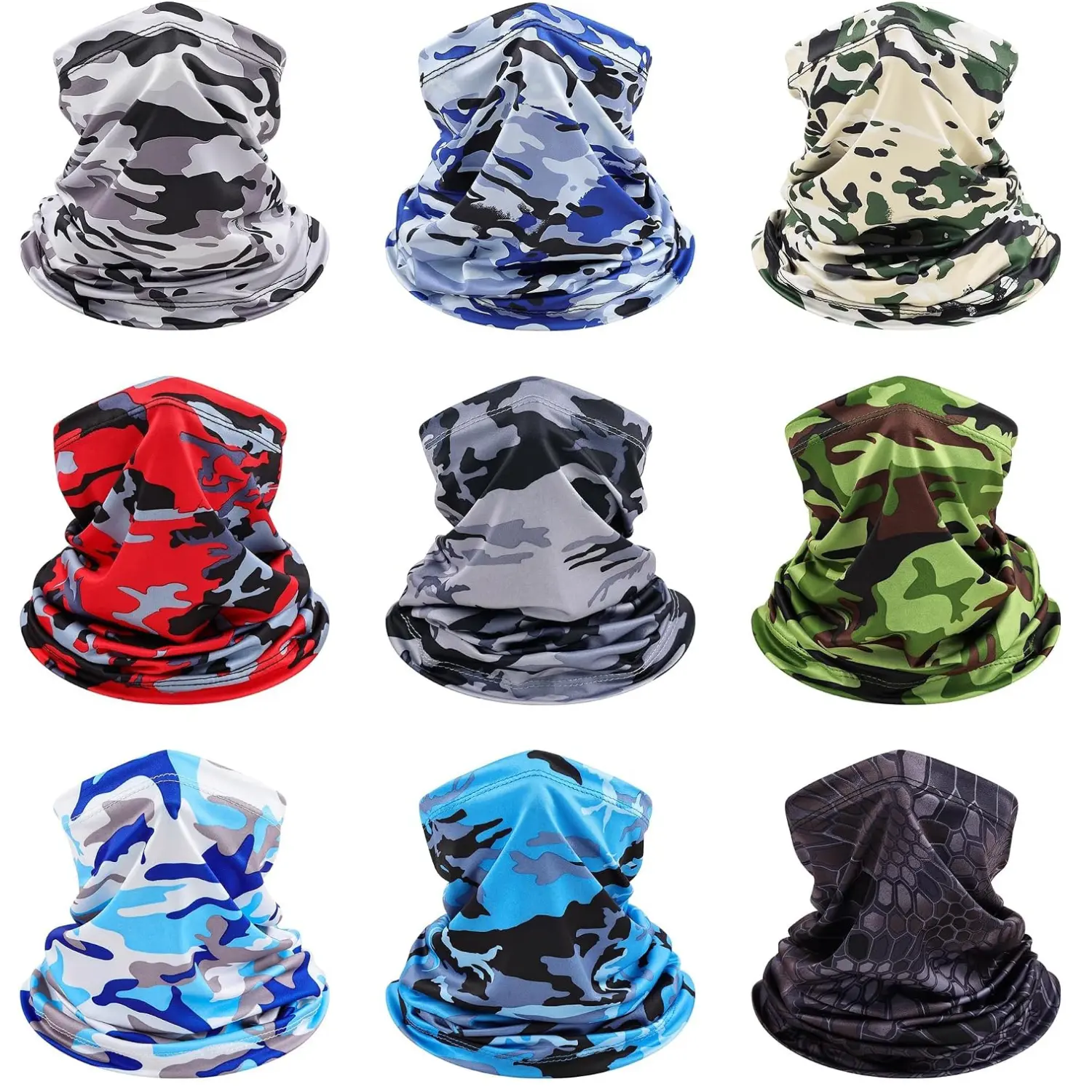 9-Pack Polyester Balaclava Neck Gaiter Face Mask - Cooling, UV Sun Protection, Breathable, Stretch Fit Head Cover Scarf, Multi-Camo, 1 Size for Men, Outdoor Work, One Size