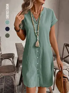 Women’s plain notched-neck batwing-sleeve button-front dress; casual short-sleeve summer mini dress; ladies’ clothing for daily wear; casual everyday wear