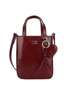 High-Quality Wine Glossy Mini Bucket Bag, Handheld Crossbody Dual-Use, Heart Charm Design, Casual Letter Pendant, Trendy Women's Phone Bag, Casual Fashion Bag