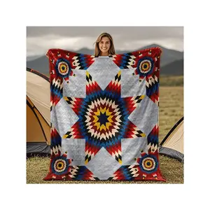 Vibrant Ethnic Geometric Star - Patterned Cozy Fleece Camping Blanket