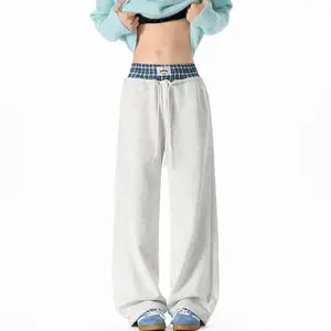 Unisex joggers with double waistband, washed loose fit; wide-leg plaid patchwork casual pants with pockets; comfortable to wear, suitable for daily commuting or leisure activities.