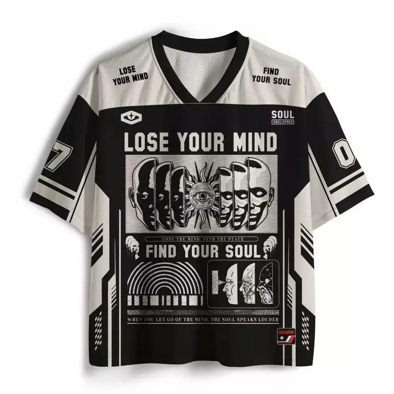 Lose Mind, Find Soul Mesh Jersey, Inspirational Graphic Sports Shirt, Y2K Streetwear Mesh Top, Mindfulness and Spiritual Statement Design, Breathable Oversized Unisex Jersey, Trendy Casual Summer Shirt for Men & Women 083