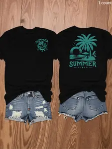 Women's Letter & Palm Tree Print Round Neck Tee, Casual Short Sleeve Crew Neck T-Shirt for Daily Wear, Ladies Sportswear for All Seasons, Summer Top