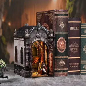 Book Corner Set LED 3D Wooden Puzzle DIY Bookshelf Decoration, Mini Craft Gift for Kids and Adults, Home Kit, Birthday Present, Wood Design
