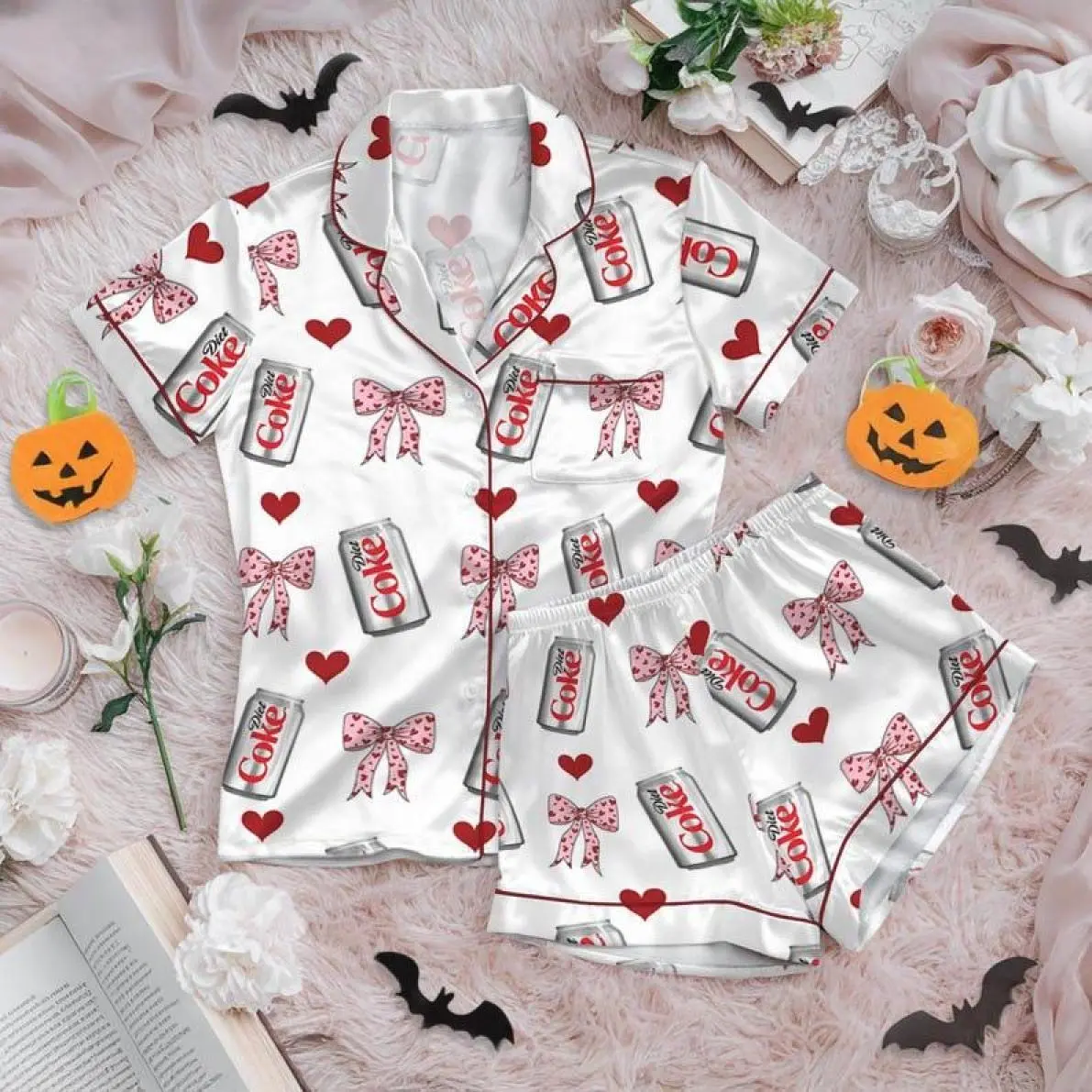 Novelty Pajama Set: Diet Coke & Bow Print, Satin Loungewear, Wardrobe Staple, For Any Season, Essential Piece, Fits Any Wardrobe