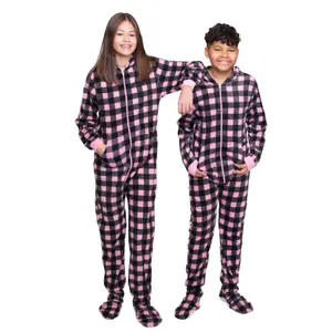 Pink & Black Buffalo Plaid Fleece Pajamas With Hood & Feet for Kids