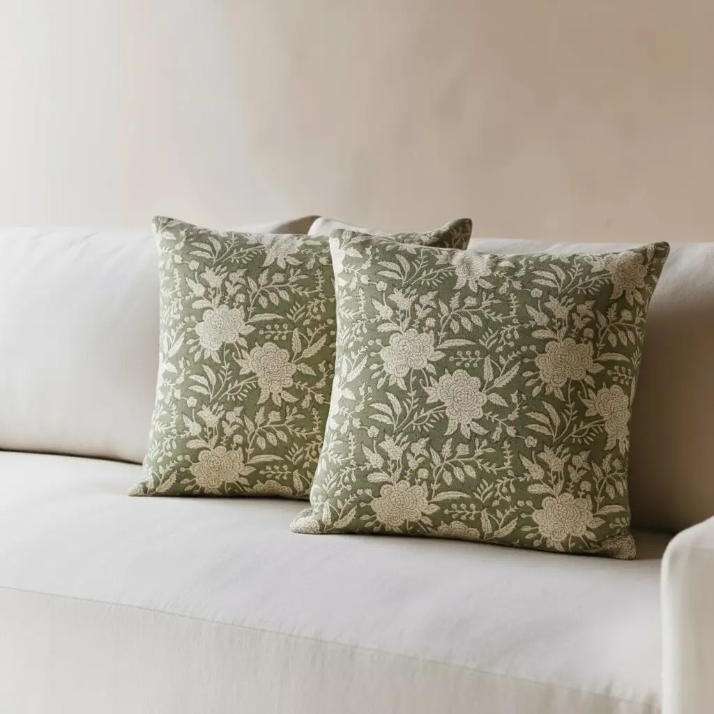 RAMETI Studio 18x18 Block Print Pillow Covers – Set of 2 – sage Green – Handcrafted Cotton-Linen Decorative Throw Pillow Cases for Sofa, Couch, or Bed
