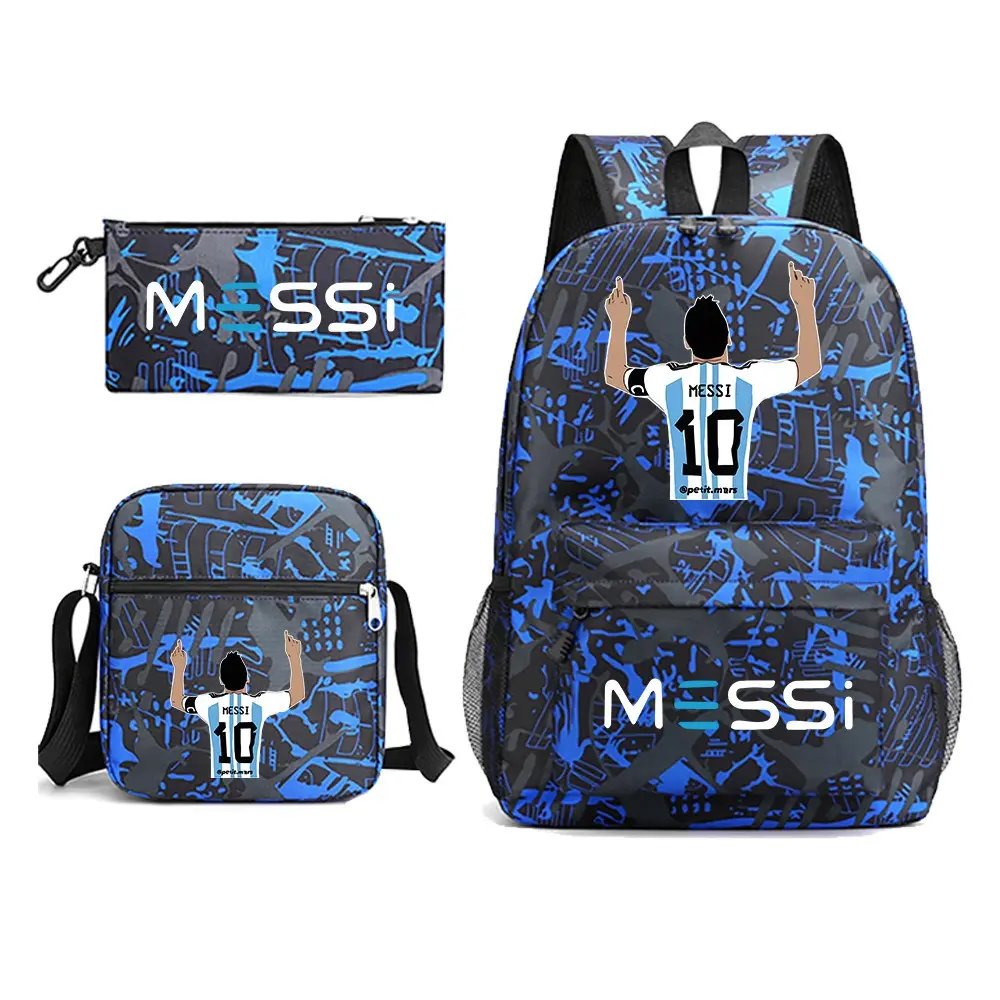 Boys' Football Print 3-Piece No.10 Backpack Set - Waterproof Oxford Sports Rucksack with Crossbody Bag & Pencil Case for Football Fans