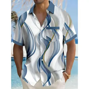 Men'S Hawaiian Abstract Art Gradient 3D Print Short Sleeve Button-Up Shirt - Light Blue & White, Casual Summer Vacation Attire with Pockets, Polyester Fabric, Perfect for Weekend Getaways, Casual Summer Shirt | Abstract Art Shirt | Polyester Fabric Shirt