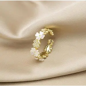 Exquisite shell flower index finger ring with adjustable opening and micro-inlaid zircon flowers