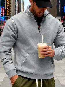 Men's Solid Color Zipper Stand Collar Knit Sweatshirt, Kangaroo Pocket Design, Fleece Lined Warm Soft Comfortable Pullover, Fall Winter Fashion Essential