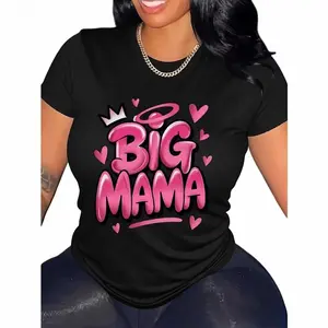 Graffiti Crown Women's Plus Size Casual Short Sleeve T-Shirt - BIG MAMA Graphic With Crown & Hearts, Geometric Print, Breathable Round Neck, Machine Washable, All-Season Comfort, Fashionable Grap vintage graphic tees