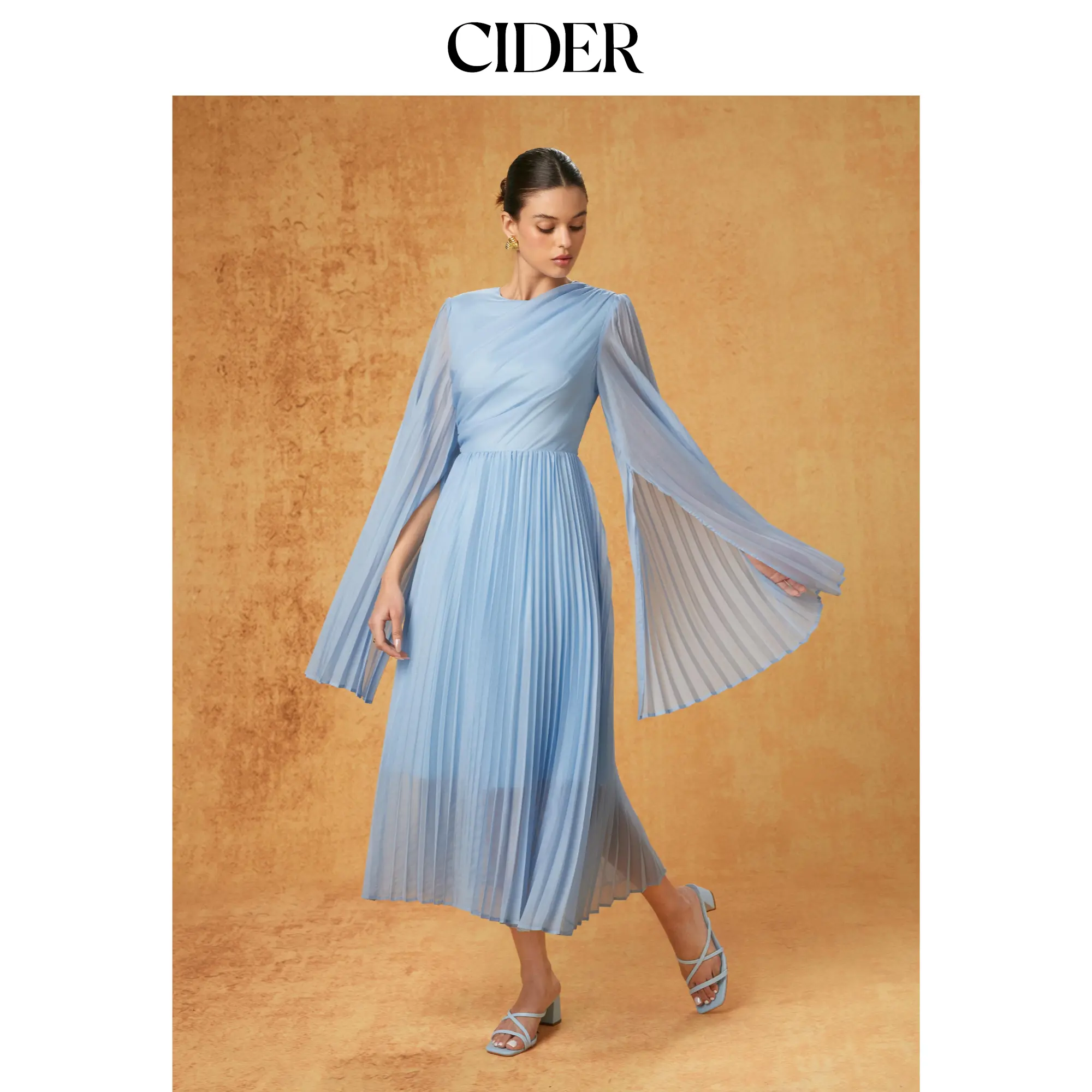 Cider Women's Multi-Size Chiffon, Bell-Sleeve, Pleated Flared Maxi Dress