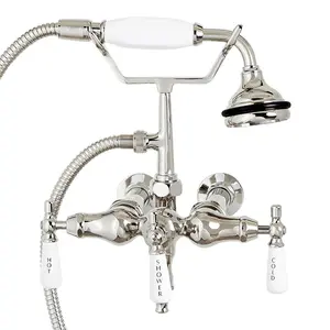 Polished Nickel Bathroom Wall Mount Down Spout Clawfoot Tub Faucet with Handshower