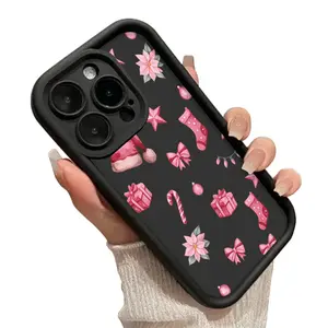 Watercolor Style Pink Christmas Elements Pattern   shockproof and drop-proof thickened TPU ,For iPhone 17 AIR 16 PRO 15 PRO MAX 14 PLUS 13 PRO 12 PRO 11 PRO MAX   Cute Gift Aesthetic Handle Black Santa Protection Casing Smartphone phone case Silicone S24
