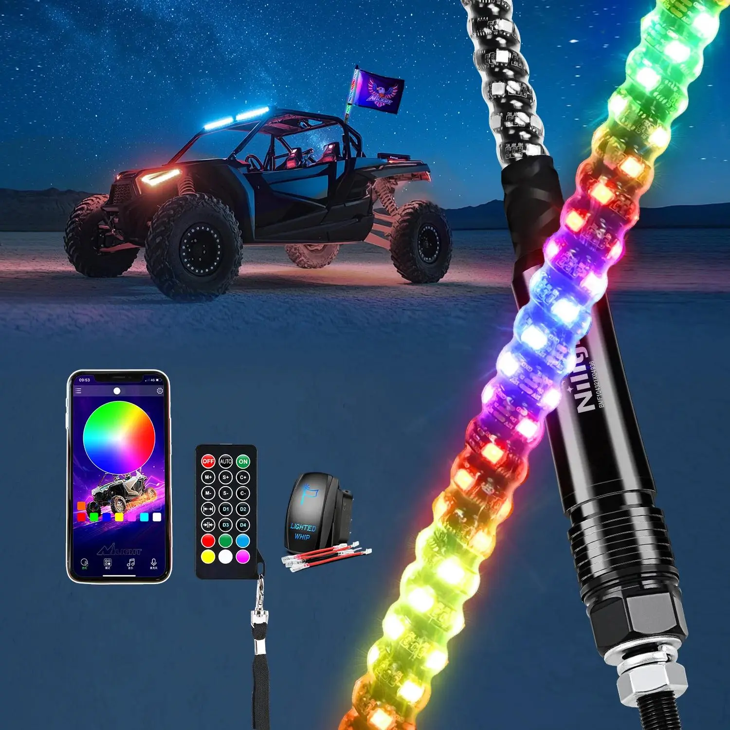 RGB Whip Light 1PC 2FT Lighted Antenna Whips with Remote & App Control DIY Chasing Patterns Brake Reverse Lights for ATV UTV Polaris RZR Can-am Dune Buggy Pickup Trucks Jeep