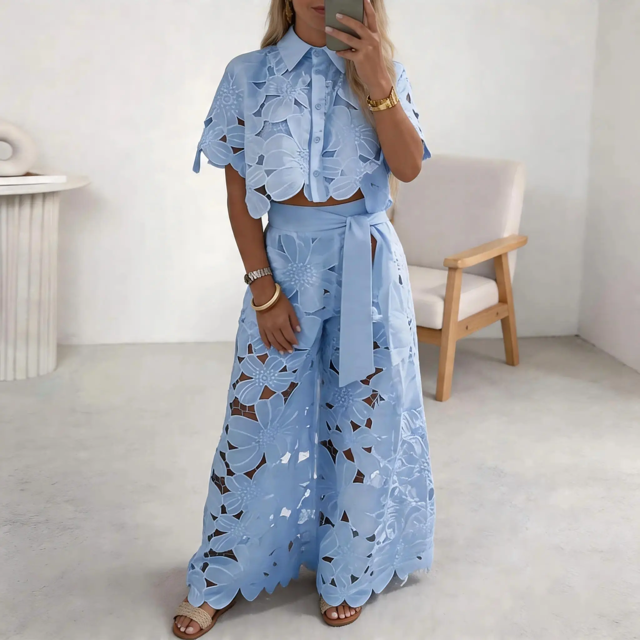 Summer Women's  New Retro Lace Outfit Set Short Sleeved Blouse Tops & Tie-up Pants Two-Piece Embroidery Hollow Temperament Suit  for Casual & Special Occasions