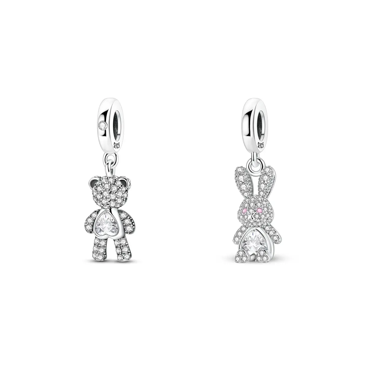MULA Teddy Bear Charm, 925 Silver-Plated Pave Dangle Animal Pendant with Sparkle CZ Heart, Fits Pandora Bracelets & Bangles, Jewelry Gift for Girl, Animals