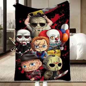 Horror Movie Killers Chibi Blanket, Soft Flannel Throw, Classic Horror Characters Print, Cozy Warm Lightweight Blanket for Sofa Bed Couch, Halloween Room Decor, Perfect Gift for Horror Fans, Scary Movie Bedding for Adults Teens, Great for All Seasons