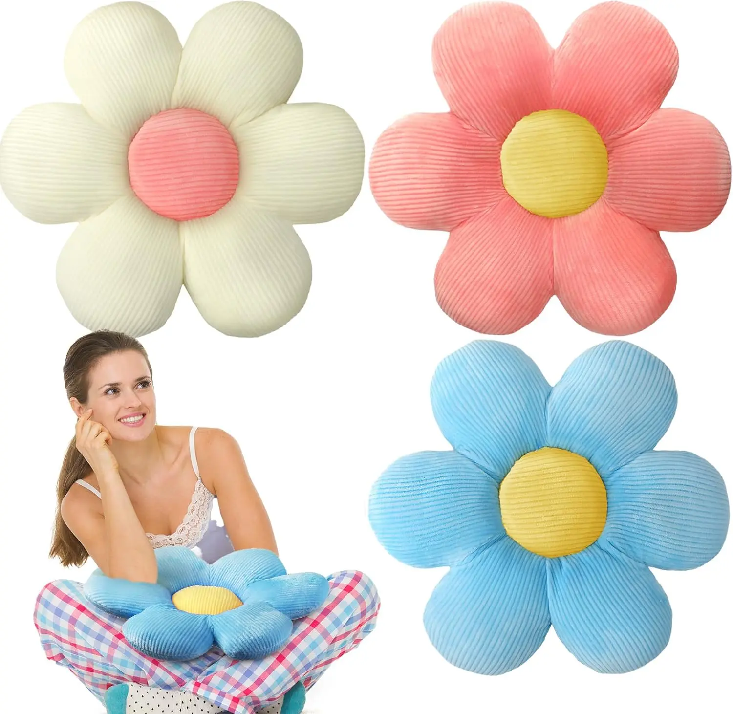 3Pcs Flower Pillows Flower Shaped Throw Pillows Cute Daisy Plush Pillow Decorative Floor Pillow Seat Cushion for Bedroom Home Sofa Chair Couch Decor(White Powder Blue,15.7inch) - Home Improvement.