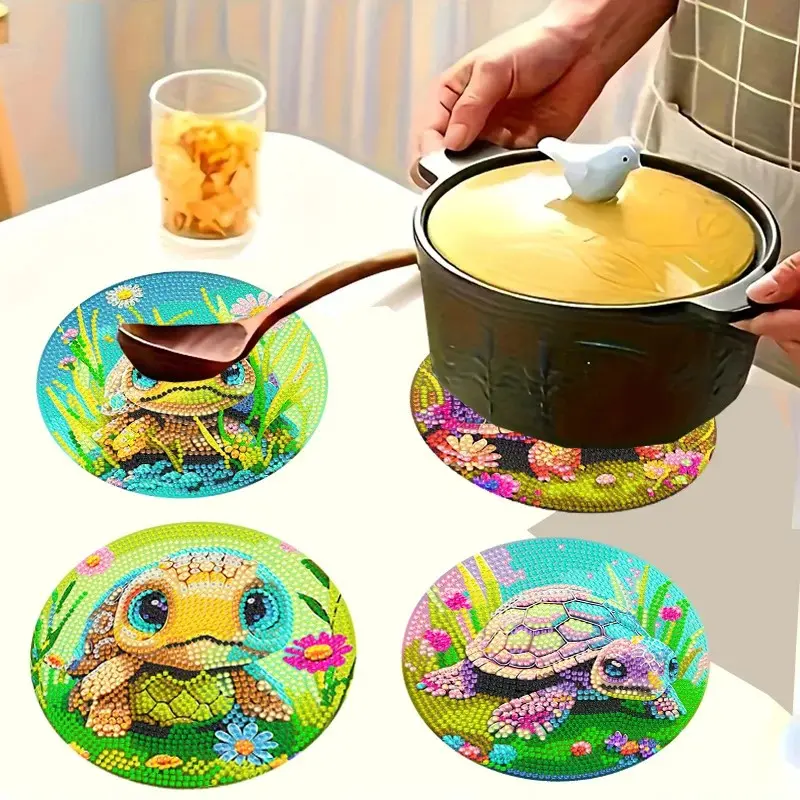 4-Piece Turtle Pattern Wooden Diamond Placemats, DIY Crystal Diamond Art Heat-Resistant Table Mats, Mosaic Craft Kit for Home Holiday Decor