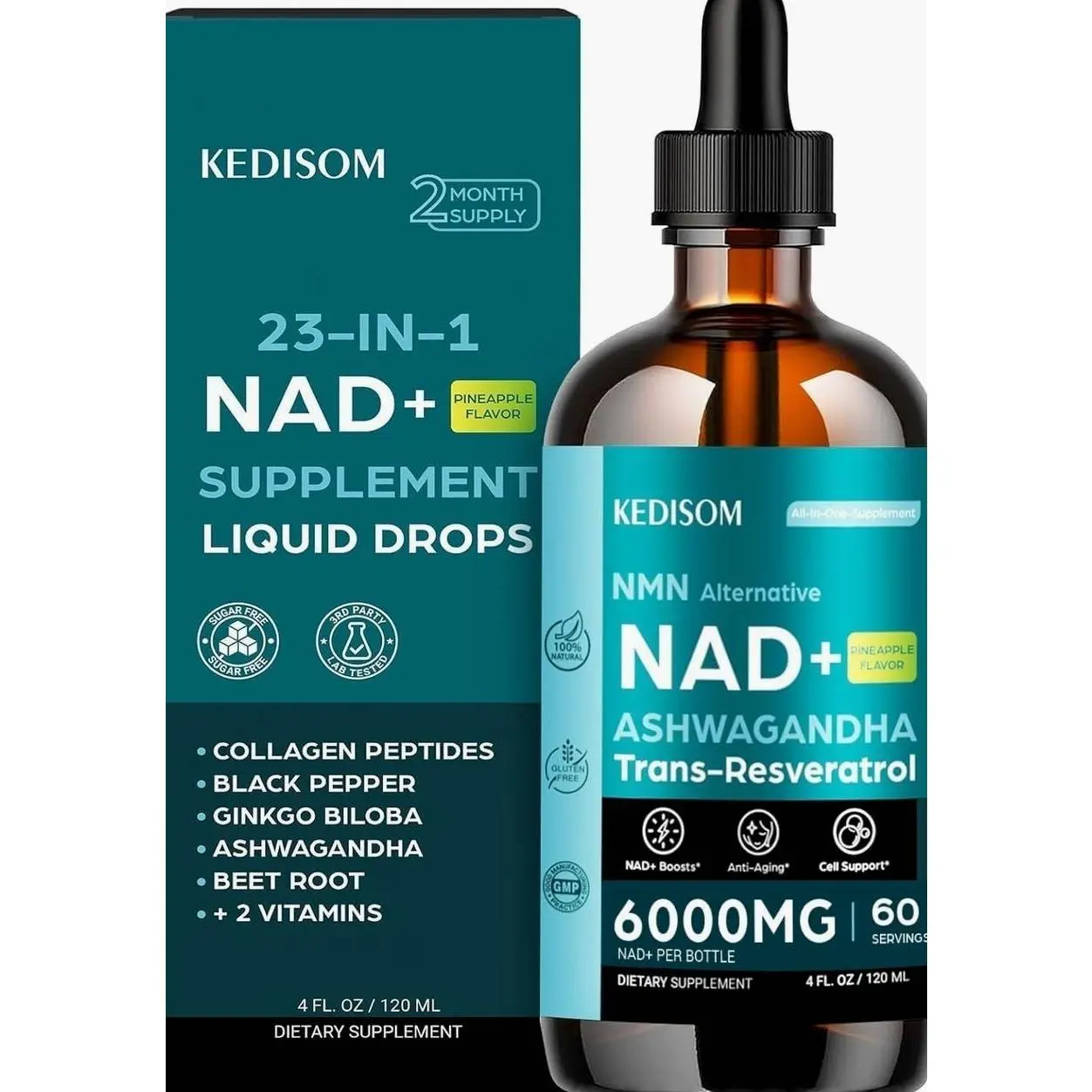 23-in-1 Liposomal NAD Supplement - NAD+ Liquid Drops with Resveratrol, Black Pepper Extract - Support Anti-Aging, Brain & Cellular Mitochondrial Health - 4 Fl Oz, Pineapple Flavor