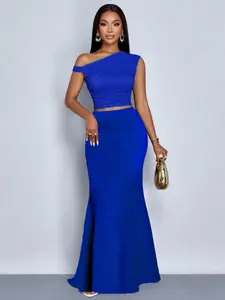 Elegant Women's Party Dress Set, Sexy Asymmetrical Neckline Top & Mermaid Skirt, Perfect for Formal Evening Events & Vacation Wear