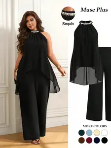 Women's Plus Size 2 Piece Outfits Sequin Halter Neck Flowy Top Wide Leg Pants Set Asymmetrical Hem Elegant Evening Party Wedding Guest Trendy