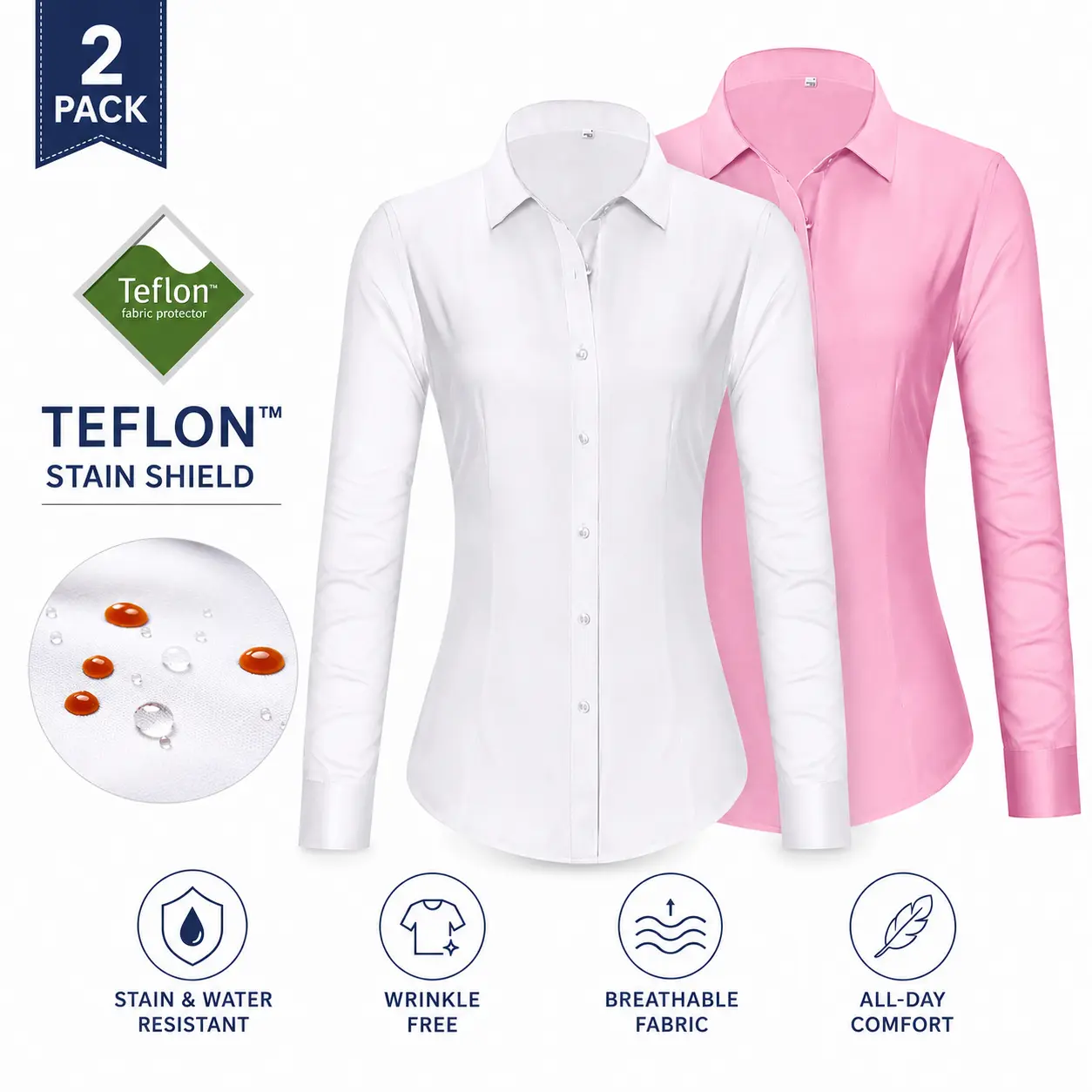 2-Pack Siliteelon Button Down Stain Shield Shirts for Women Collared Wrinkle Free Basic Classic Fit Long Sleeve Tops Business Casual  Office Work Classy Layering Blouse Fall Winter Outfits Inspo