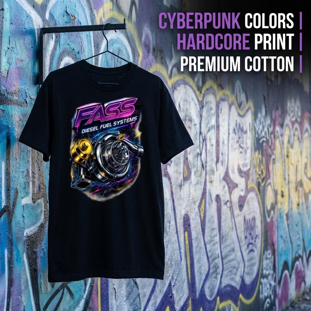 FASS Diesel Fuel Systems Chrome Turbocharger Graphic T-Shirt Neon Racing Performance Tee for Car Enthusiasts Streetwear Turbo Boost Outfit  Men's and women's tops suitable for everyday wear and all seasons