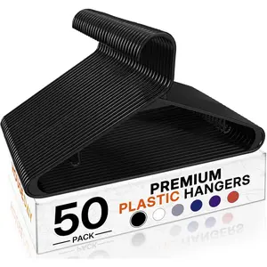 Black Plastic Hangers 50 Pack, Plastic Clothes Hangers with Built-in Hooks, Durable and Strong Plastic Coat Hangers for Closet, Space Saving Clothing Hanger for Shirts, Coats, Skirt, Dress
