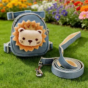 Cute Cartoon Lion Pet Backpack Harness Leash Set, Adjustable Small Dog Cat Outdoor Chest Back Pack, Food or Poop Bag Carrier, Safety Harness, Hands Free Leash
