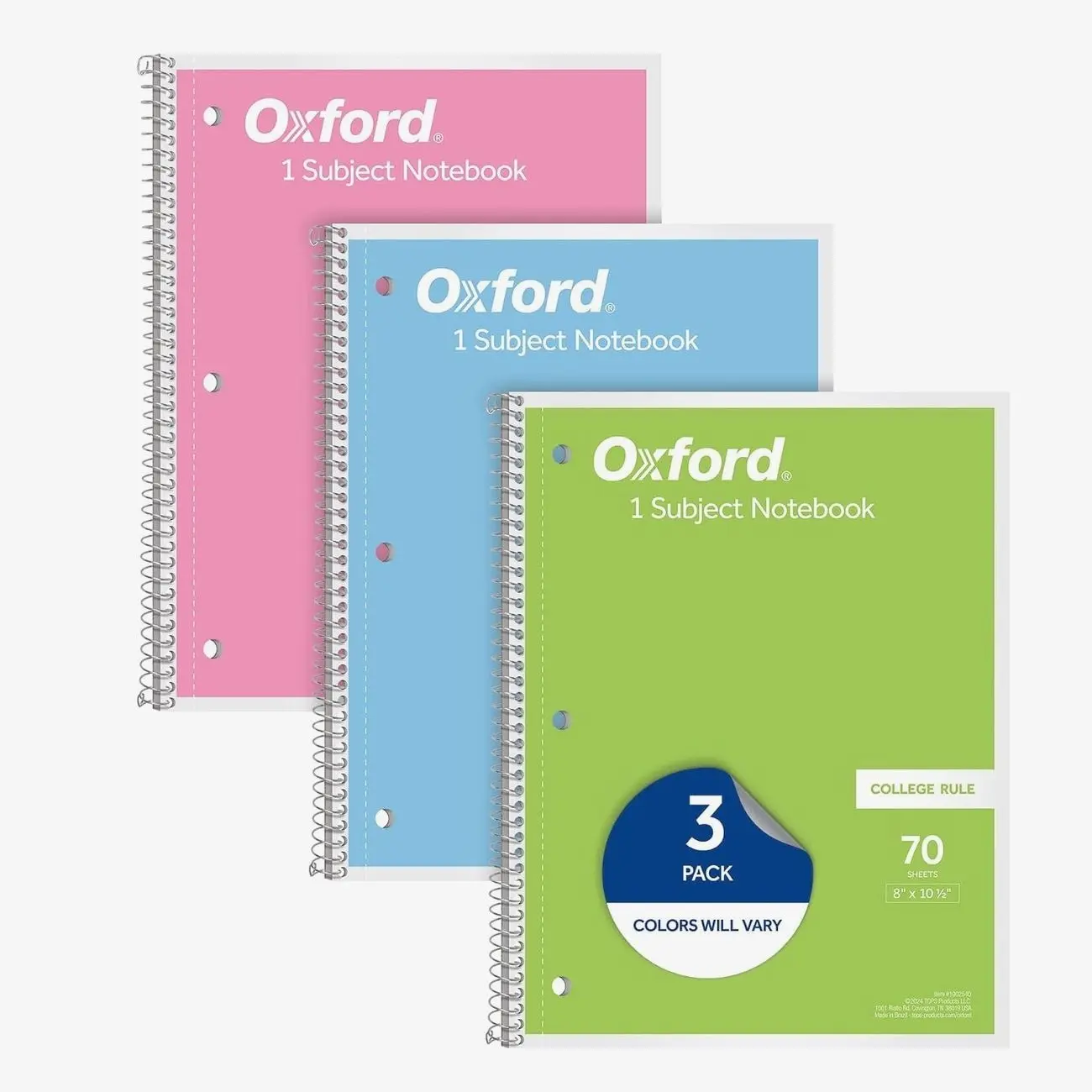 Oxford Spiral Notebooks, 3 Pack, 1 Subject, College Ruled Notebooks for School, 8 x 10.5 Inches, 70 Sheets, Assorted Pastel Colors, Back to School Supplies (1002540)