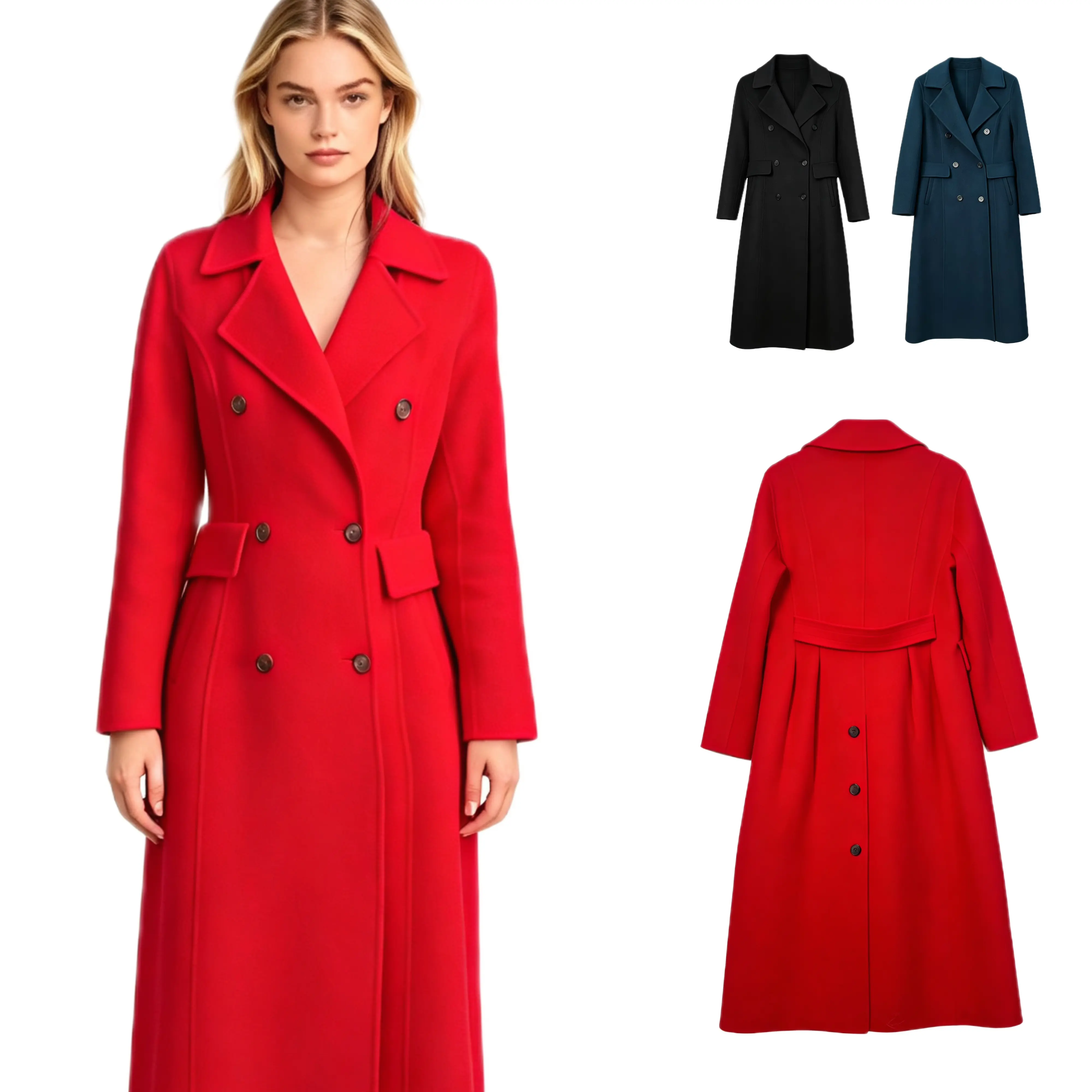 Women Elegant Double Breasted Wool Maxi Coat Notched Lapel Tailored Overcoat Back Waist Design Slim Long Winter Outerwear for Wedding Party Daily Wear