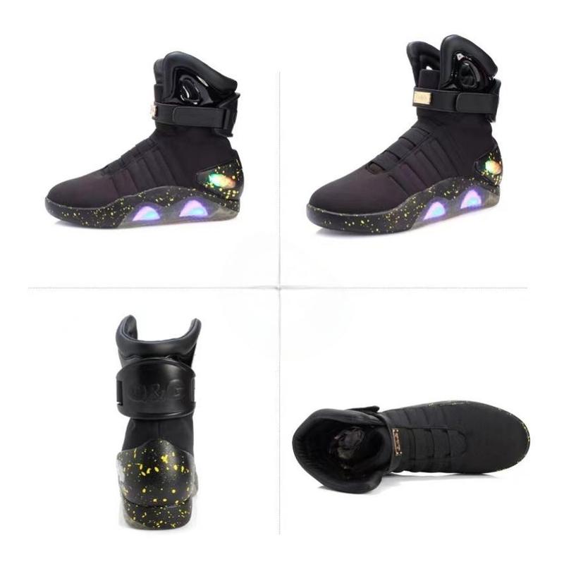 Stylish White USB-Rechargeable Glow-in-the-Dark High-Top Sneakers with Neon Lights & Stripes for Street Dancing & Nighttime Exercise back  to  the  future  shoes