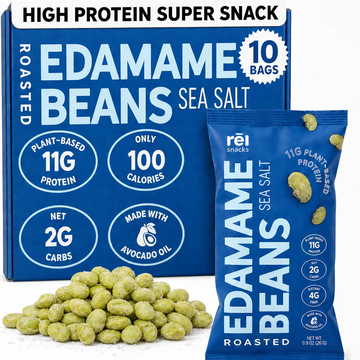 Rel Snacks Sea Salt Crunchy Roasted Edamame Beans 0.9OZ 10 Pack Protein Fiber High Protein Low Carb Keto Friendly Snack