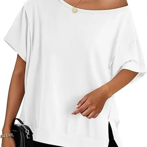Yousify Lady's Baggy Casual Oversized Knit Top - Loose, Breathable, Wide Neckline, 1-Shoulder Short-Sleeve Pullover, Solid Color, Minimalist, Summer Vacation Streetwear (Note: Do Not Bleach)