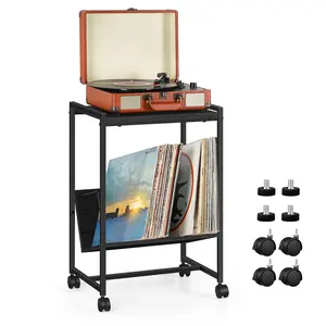 Record Player Table, 2 Tier Record Player Stand with 3 Quick-Release Divider, Vinyl Record Stand Storage with 4 Wheels, Turntable Stand for Bedroom Organiser Racks